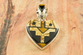 Stunning Pendant featuring Genuine Picture Jasper and Black Jade inlaid in Sterling Silver.  Free 18